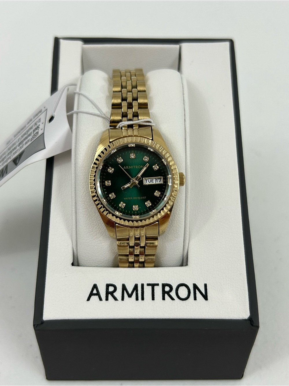 Armitron 75/2475GNGP Gold Green Crystal Day Date Quartz Watch NEW in Box